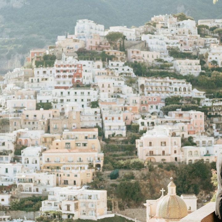 Positano, Italy, pastel houses stacked above the sea
